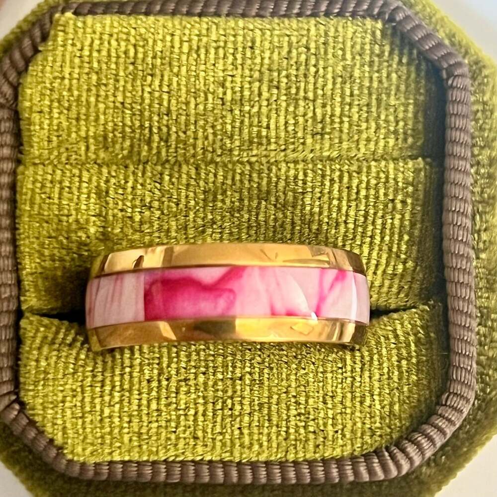 Tungsten Pink Abalone Shell Camo Inlay High Polished Shine 8mm Band Size 11